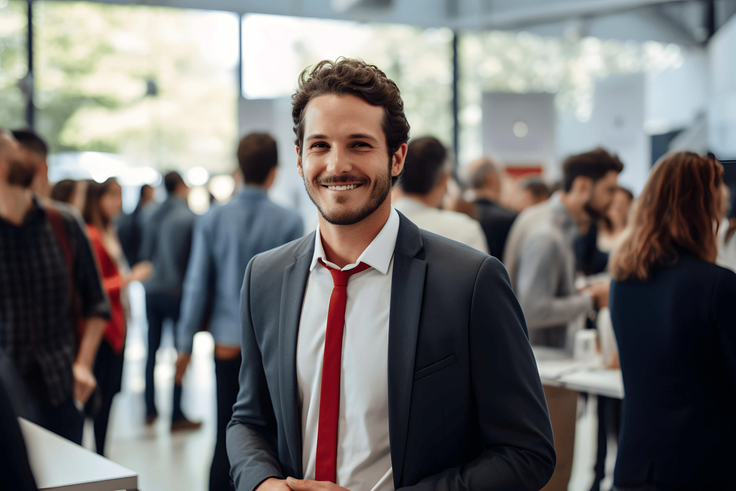 A college student in a business suit at a career fair surrounded by other college students