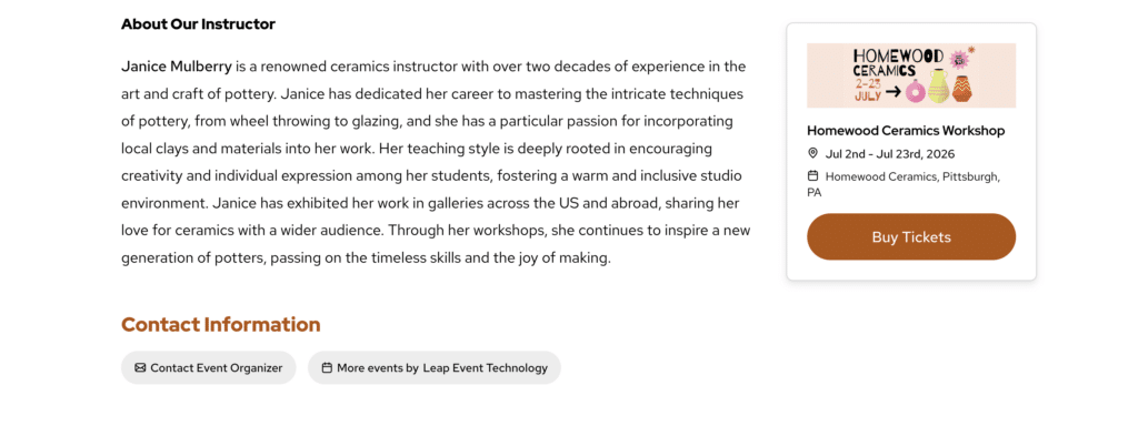 The contact information section at the bottom of an event landing page example