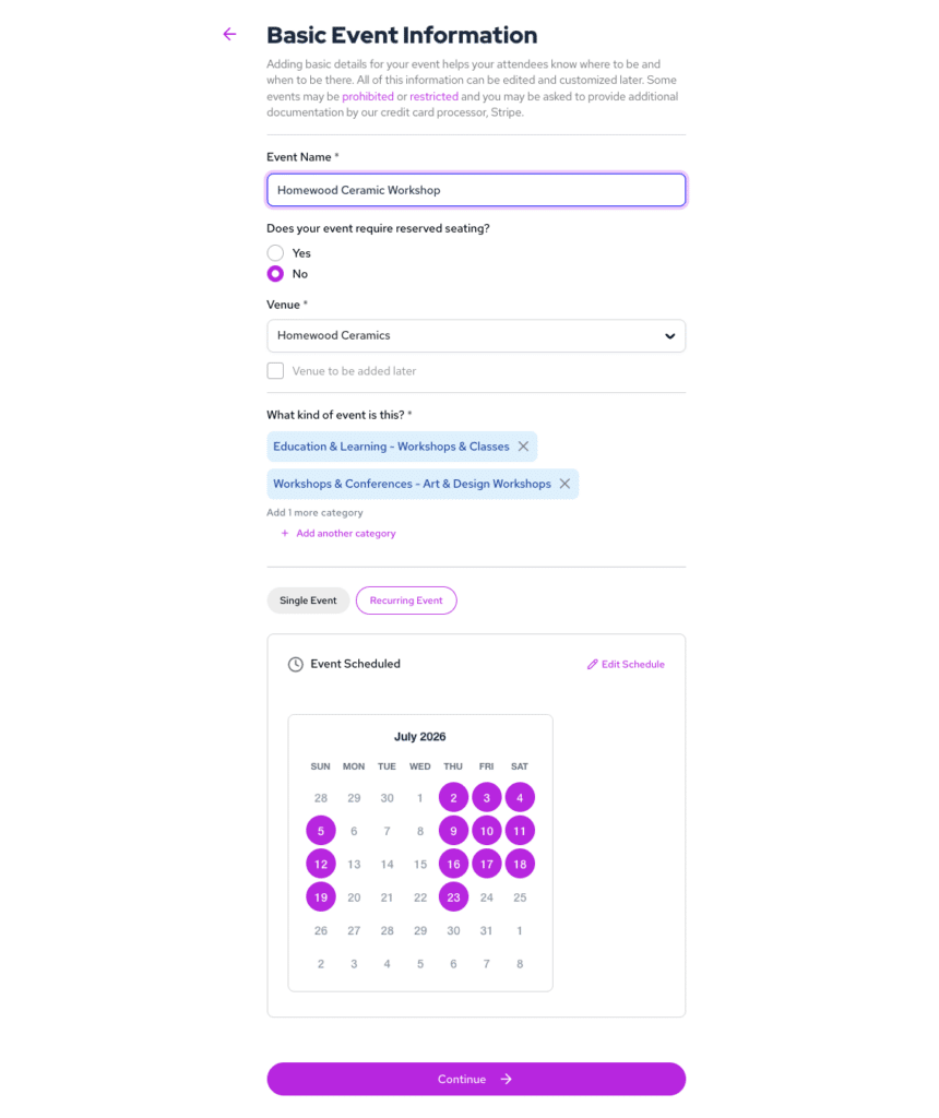 Screenshot of the signup form for creating event landing pages on TicketLeap