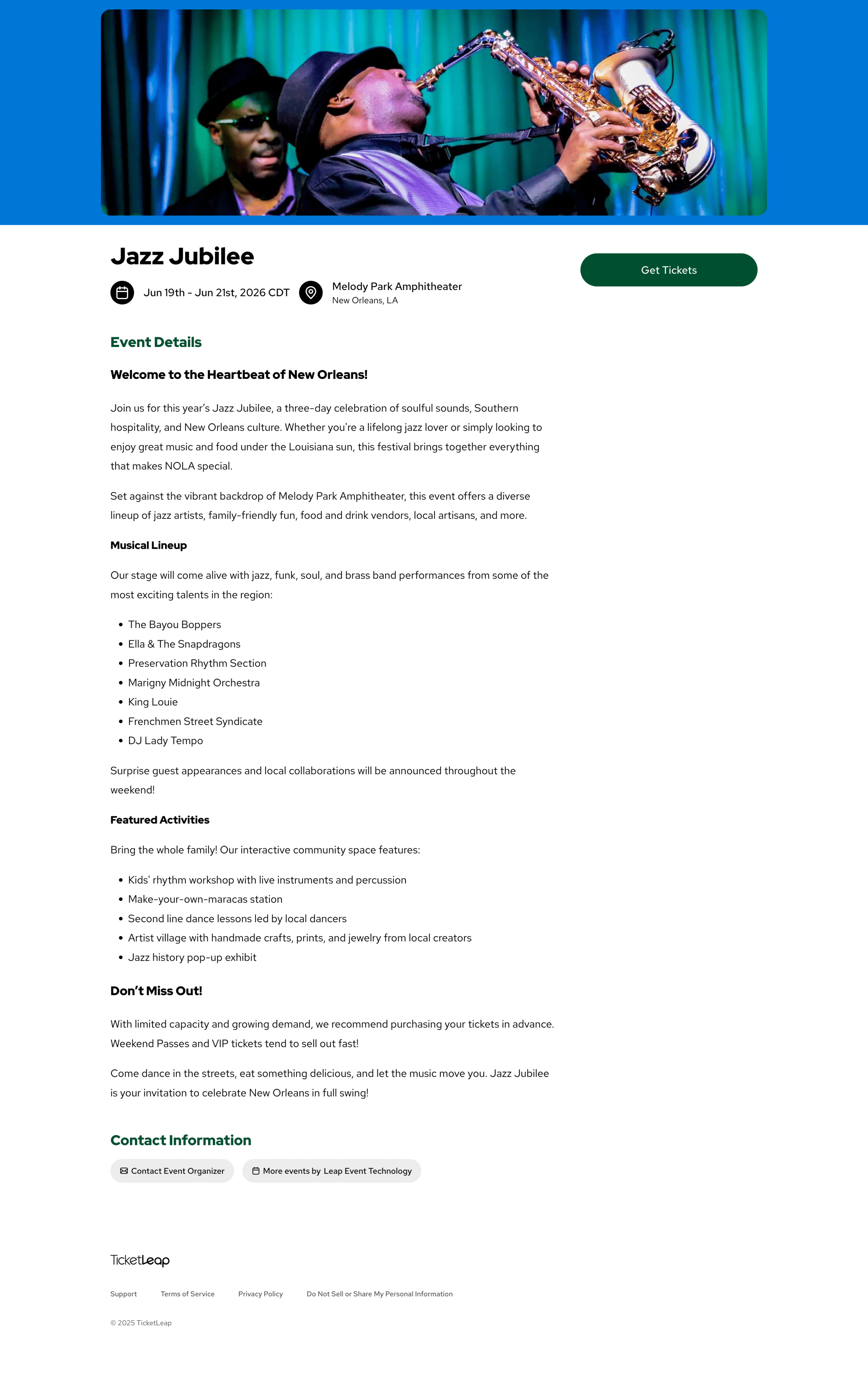 event ticketing page example on TicketLeap for a jazz festival using blue and green theme colors