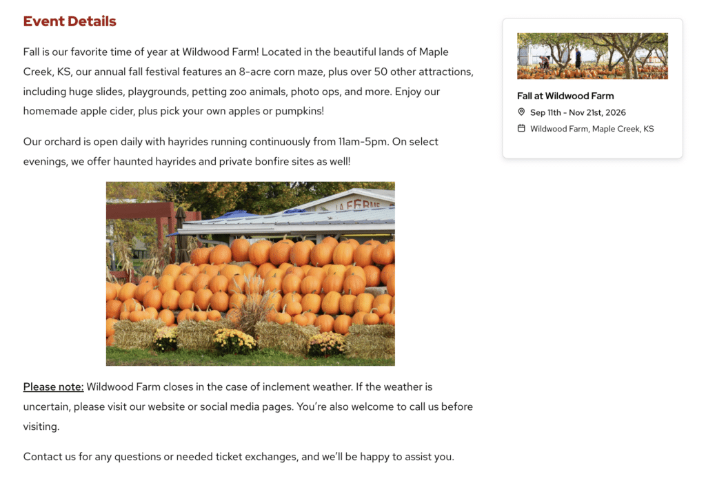 Screenshot of a fictitious TicketLeap event listing of a farm with a written pop-up event description