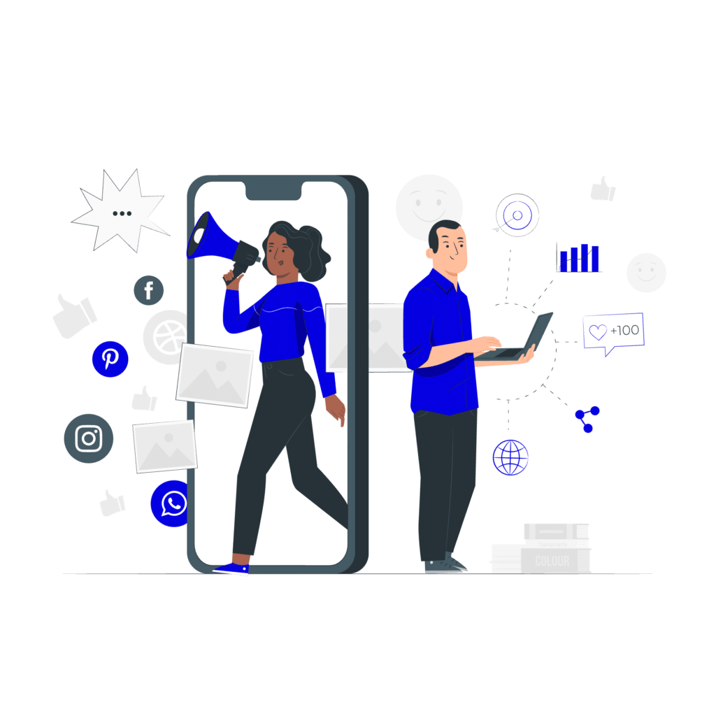 Two animated characters working on social media event marketing