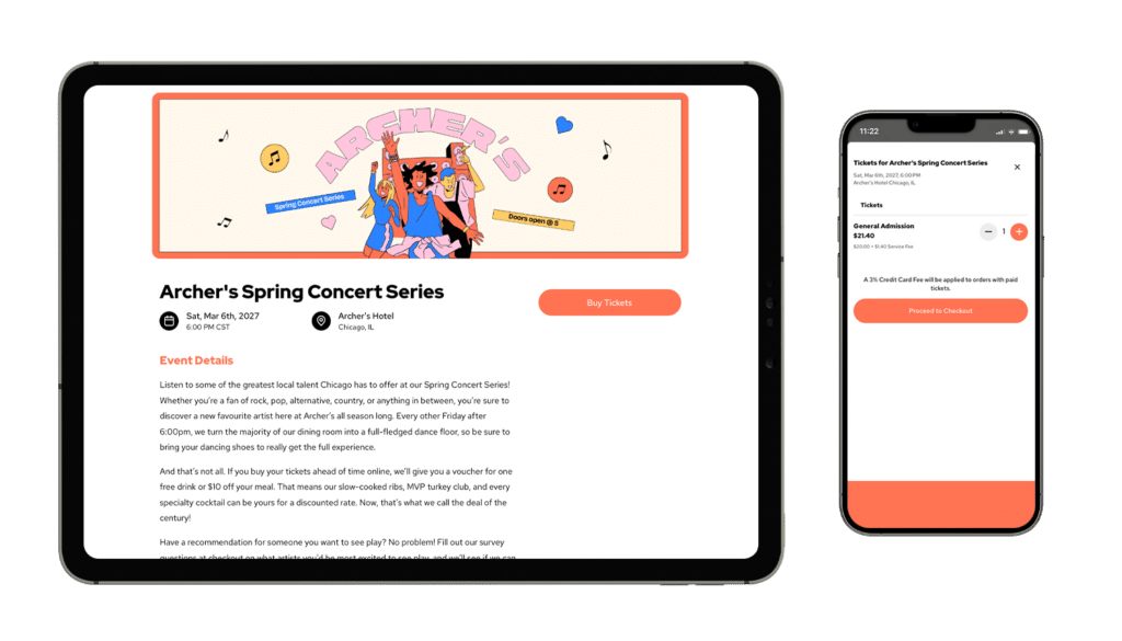 An event mockup of Archer's Spring Concert Series on a tablet and smartphone