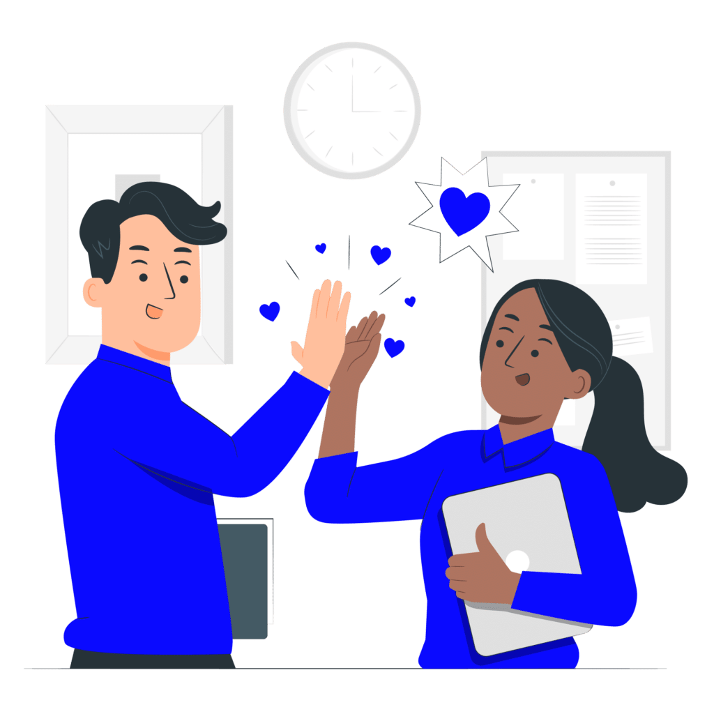 two people high fiving with blue hearts around them