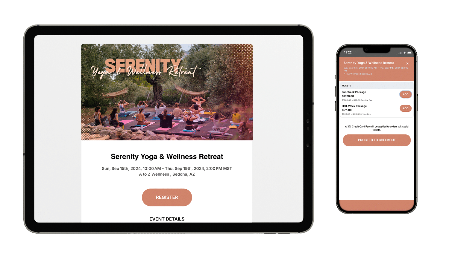 A mockup event of Serenity Yoga & Wellness Retreat on a tablet and mobile phone
