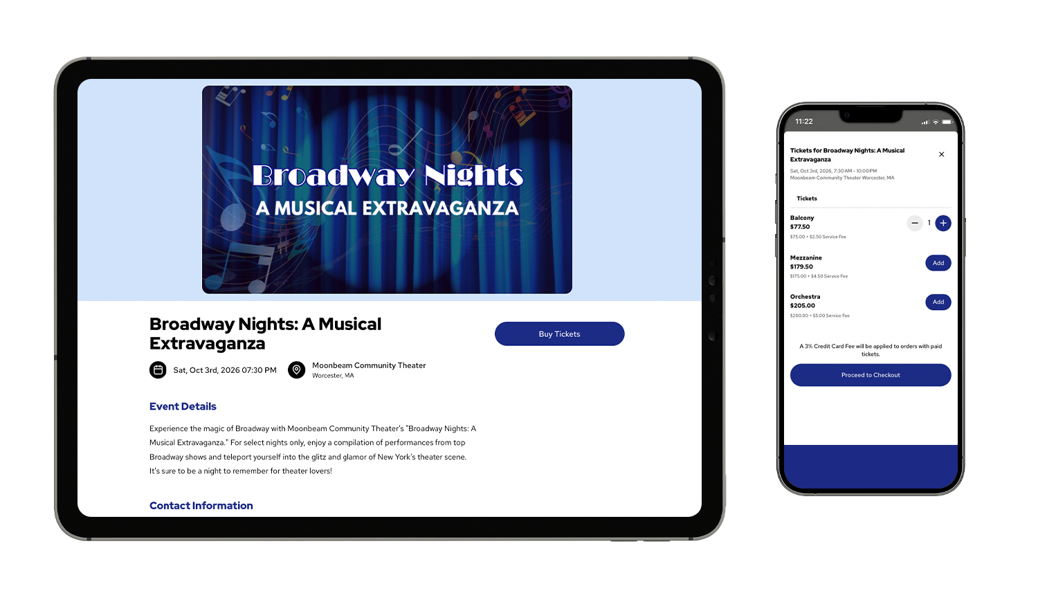 An event mockup of Broadway Nights: A Musical Extravaganza on a tablet and smartphone
