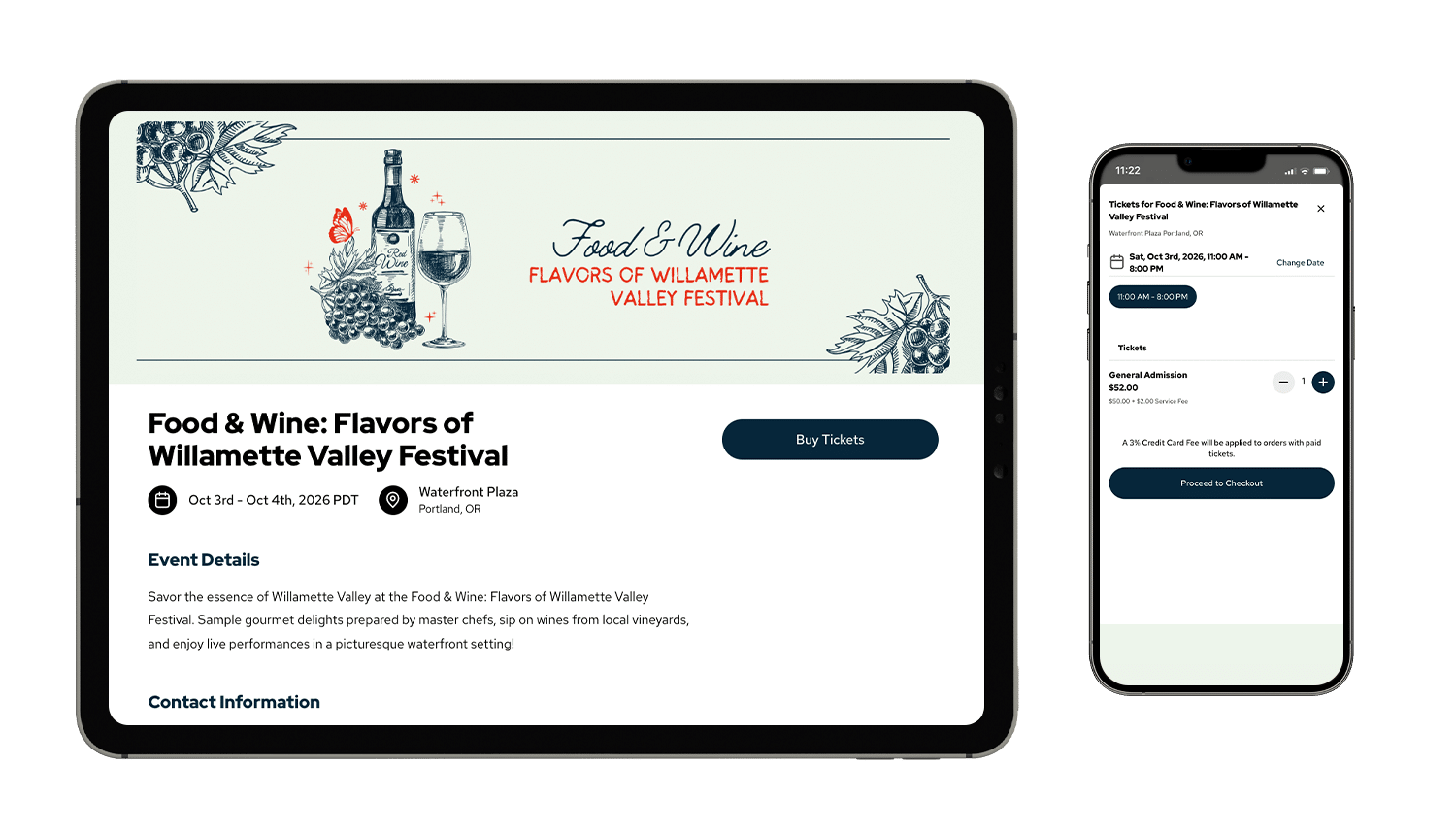An event mockup of Food & Wine: Flavors of Willamette Valley Festival on a tablet and mobile phone
