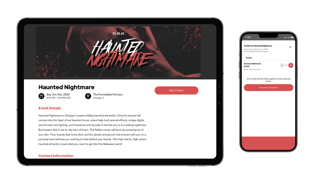 An event mockup of Haunted Nightmare on a tablet and smartphone