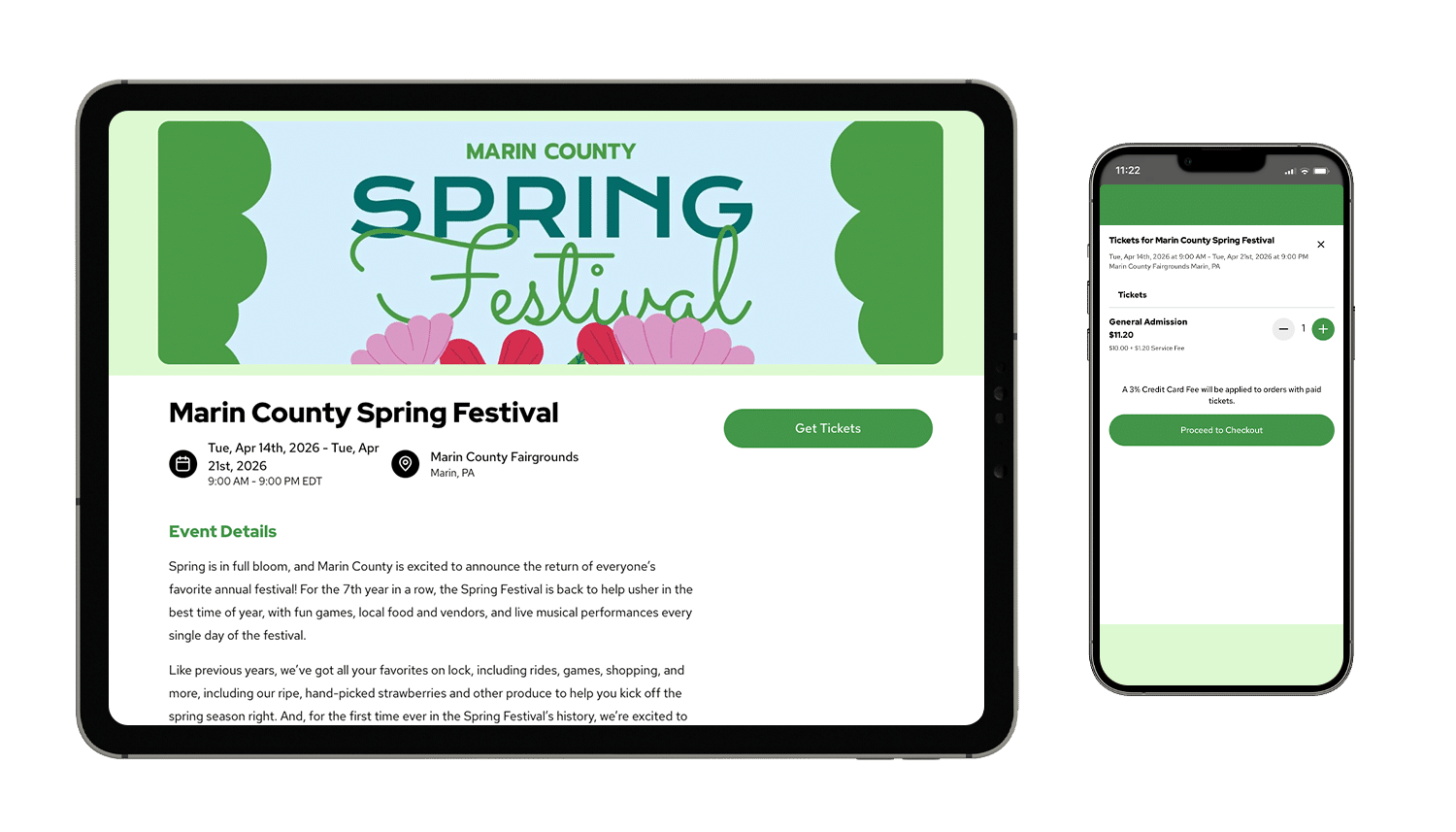 An event mockup of Marin County Spring Festival on a tablet and smartphone