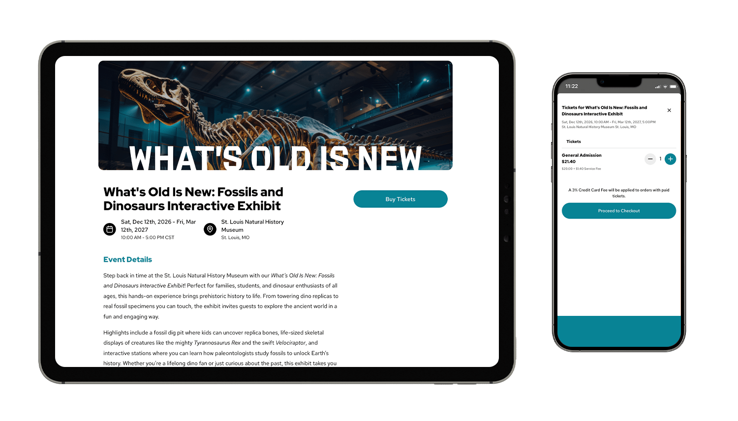 An event mockup of What’s Old Is New: Fossils and Dinosaurs Interactive Exhibit on a tablet and smartphone