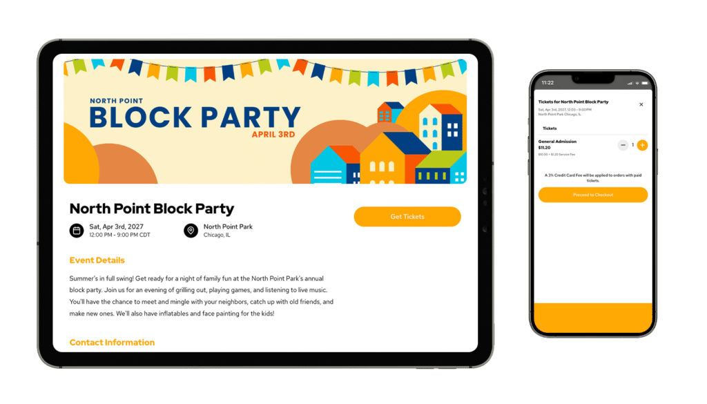 An event mockup of North Point Block Party on a tablet and smartphone