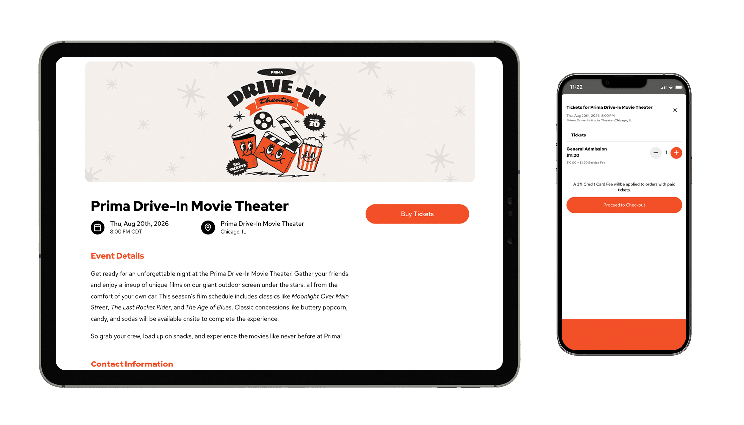 An event mockup of Prima Drive-In Movie Theater on a tablet and smartphone