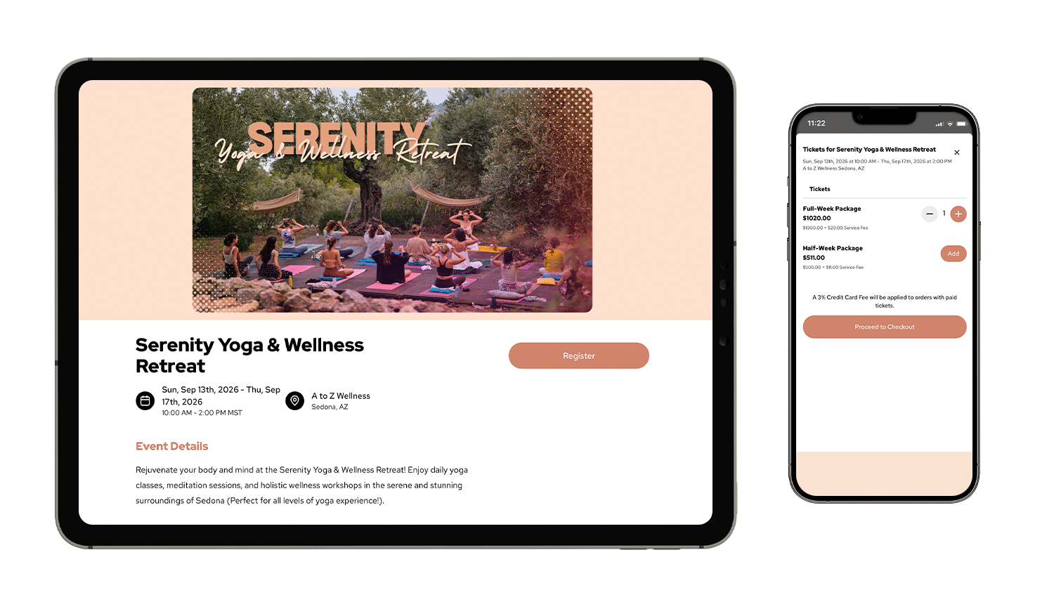 An event mockup of Serenity Yoga & Wellness Retreat on a tablet and smartphone