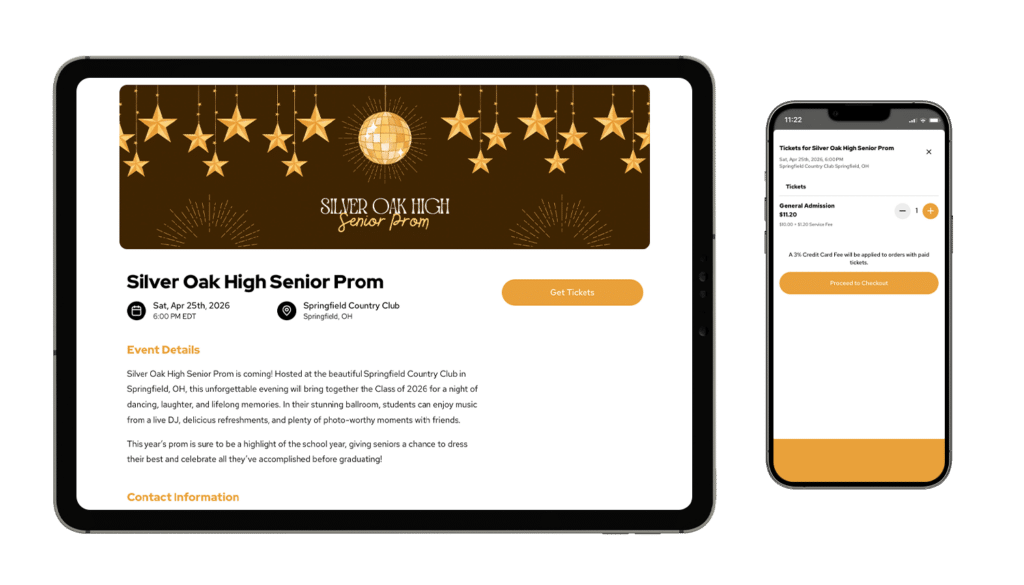 An event mockup of Silver Oak High School Senior Prom on a tablet and smartphone