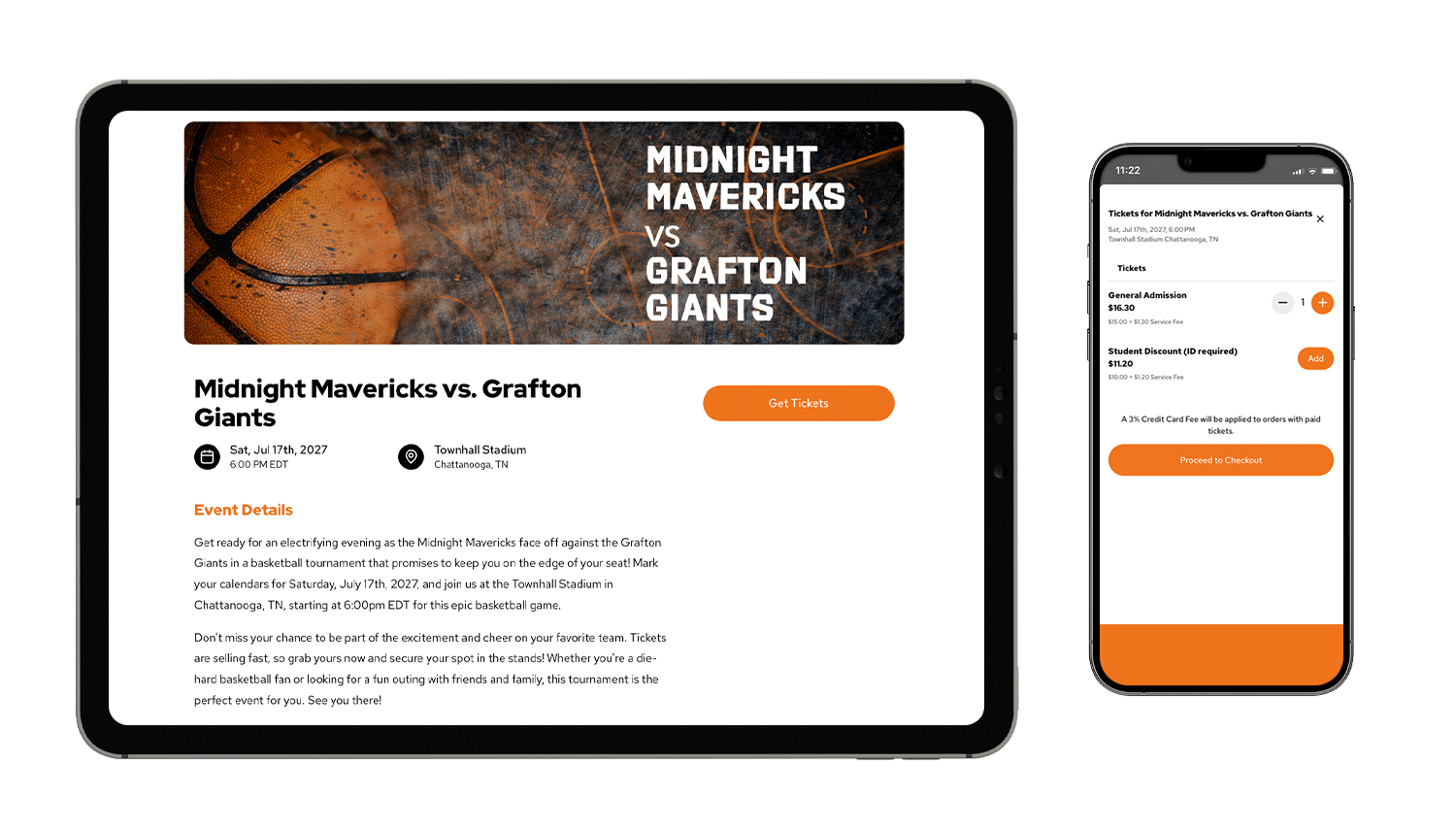 An event mockup of Midnight Mavericks vs. Grafton Giants on a tablet and smartphone