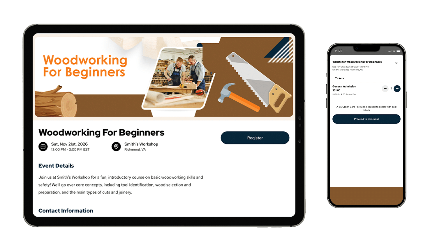 An event mockup of Woodworking for Beginners on a tablet and smartphone