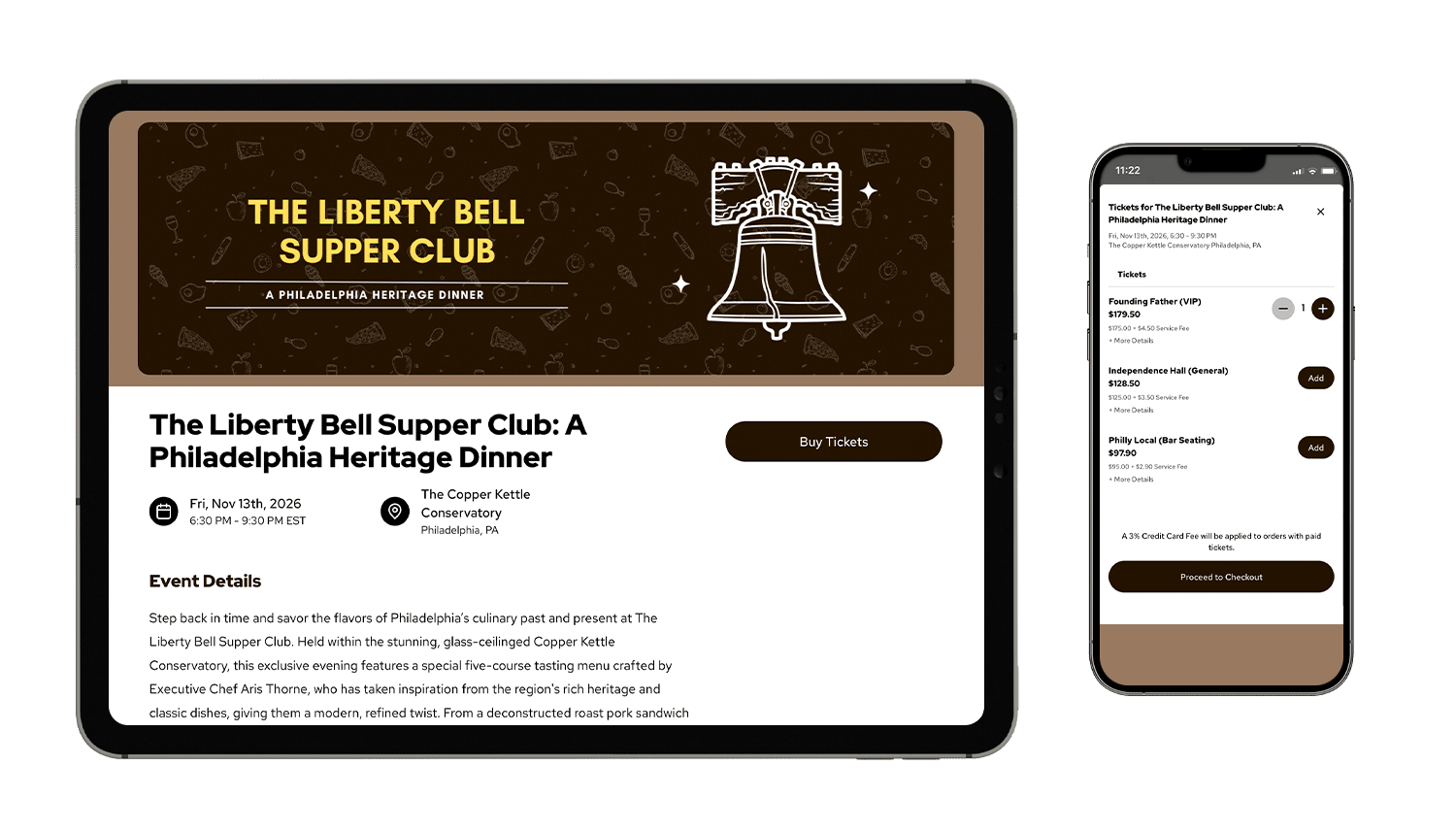 An event mockup of the Liberty Bell Supper Club on a tablet and smartphone