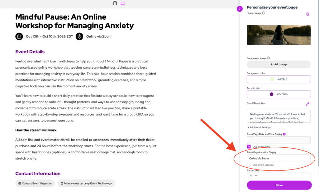 event description and location settings for a meditation virtual event on TicketLeap