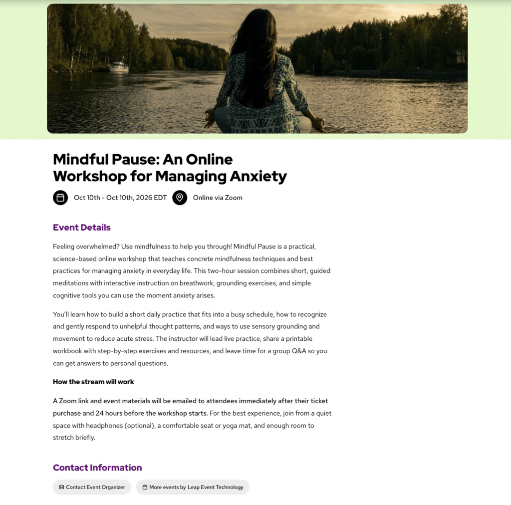 mindfulness and meditation online event ticketing page on TicketLeap