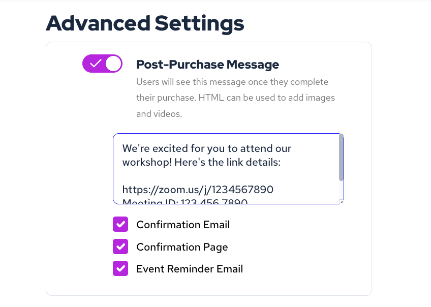 post-purchase message setting on TicketLeap for a virtual event